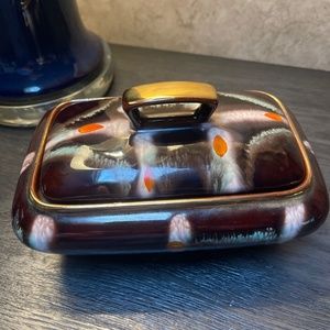 JASBA Cigarette Trinket Box MAJOLICA Vintage Germany 28 Gold, Orange, Green Lid